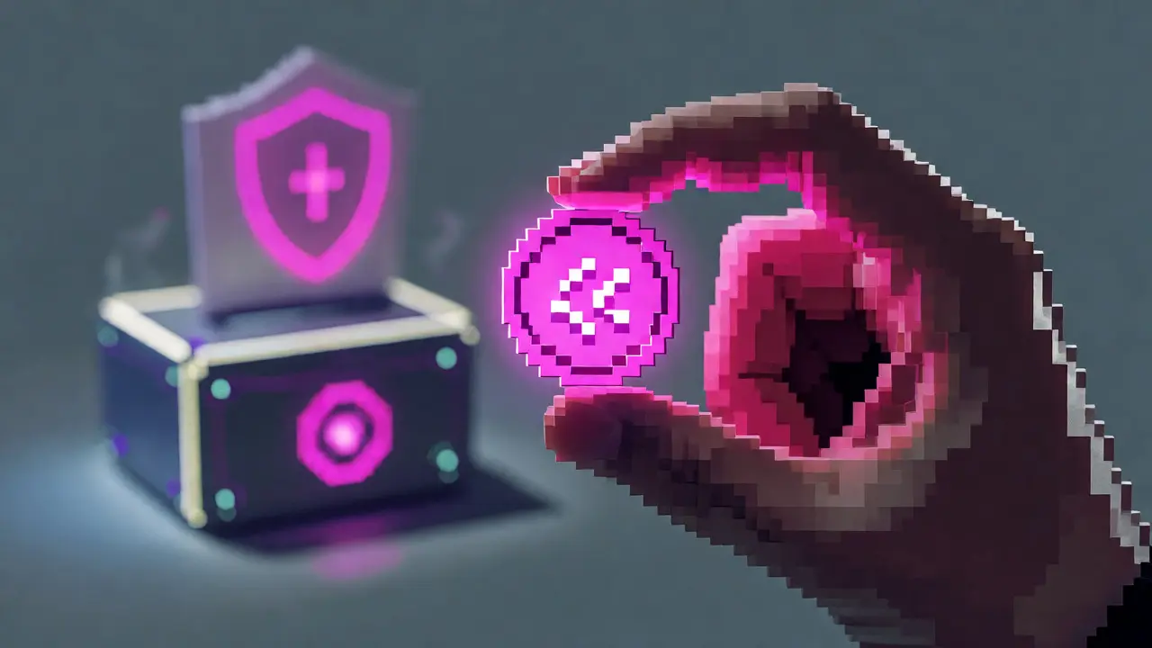 Pixel art hand holding a glowing FLM token with a security shield in background
