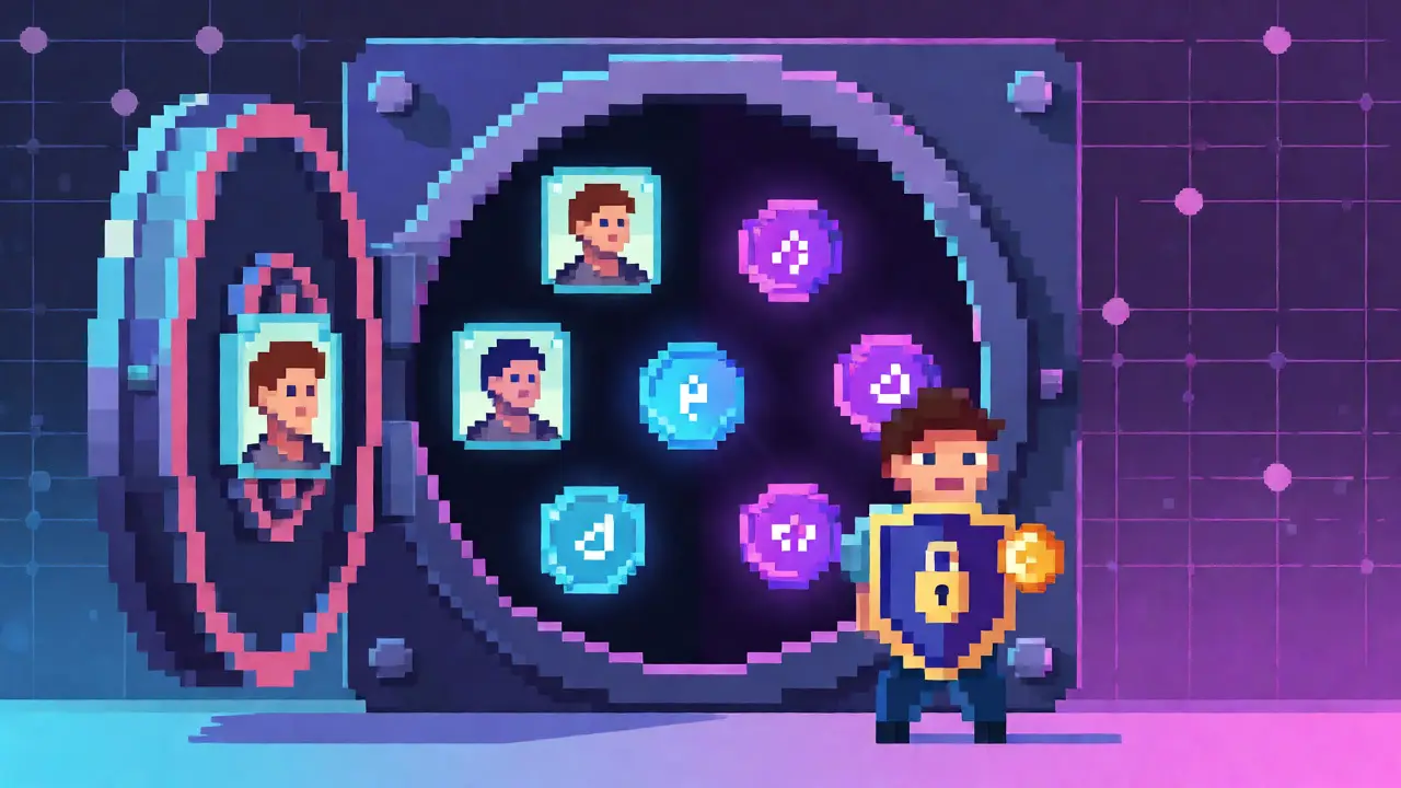 Pixel art illustration of a balanced digital asset portfolio combining collectibles and trading tokens.