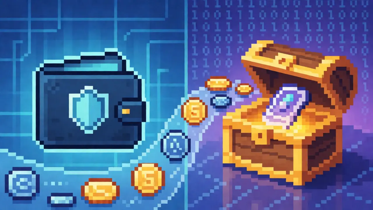 Pixel art illustration showing a secure wallet connecting to a treasure chest releasing NFT rewards and tokens.