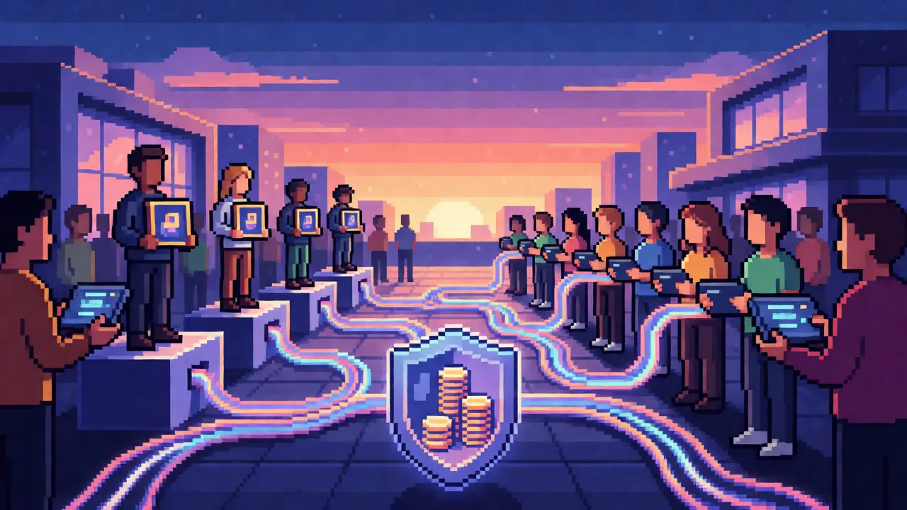 Pixel art marketplace connecting creators and fans via glowing data lines.