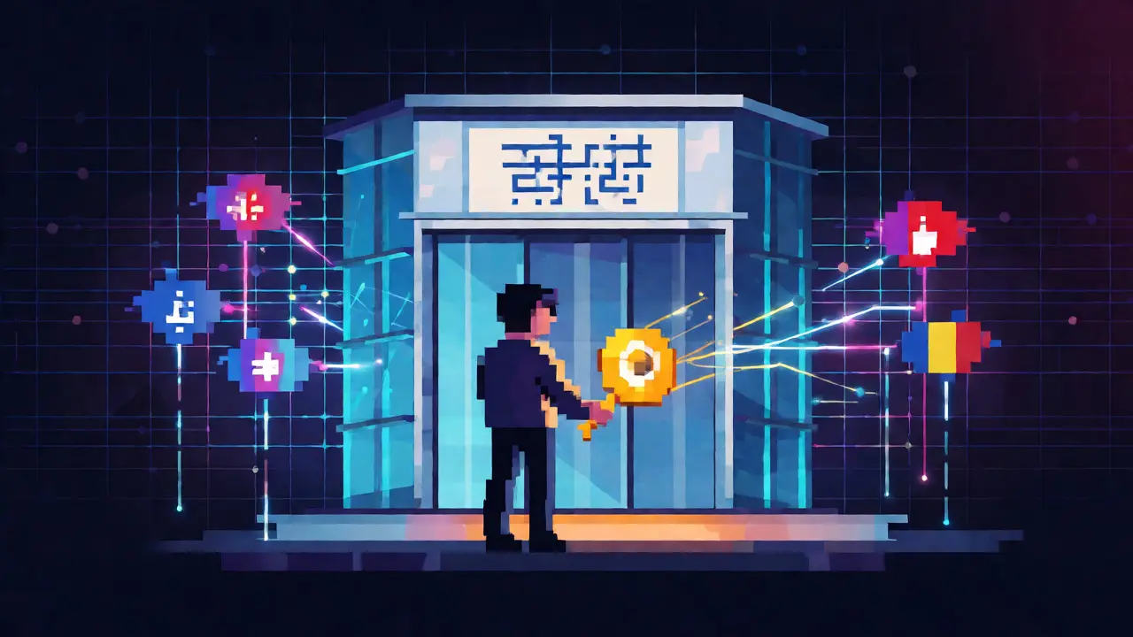 Pixel art of a crypto provider receiving an EU license passport for cross-border services.