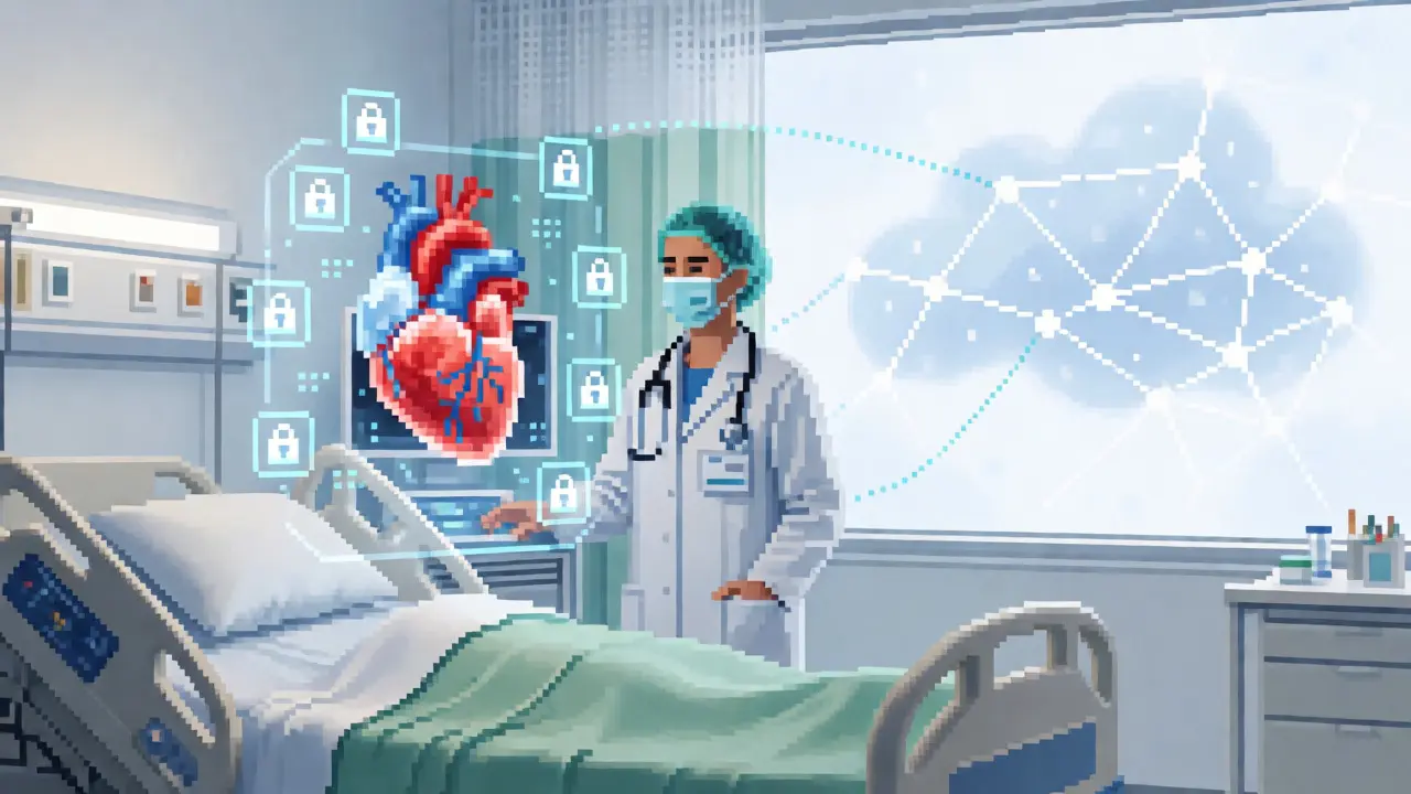 Pixel art of a doctor viewing a holographic heart in a secure, decentralized healthcare setting.