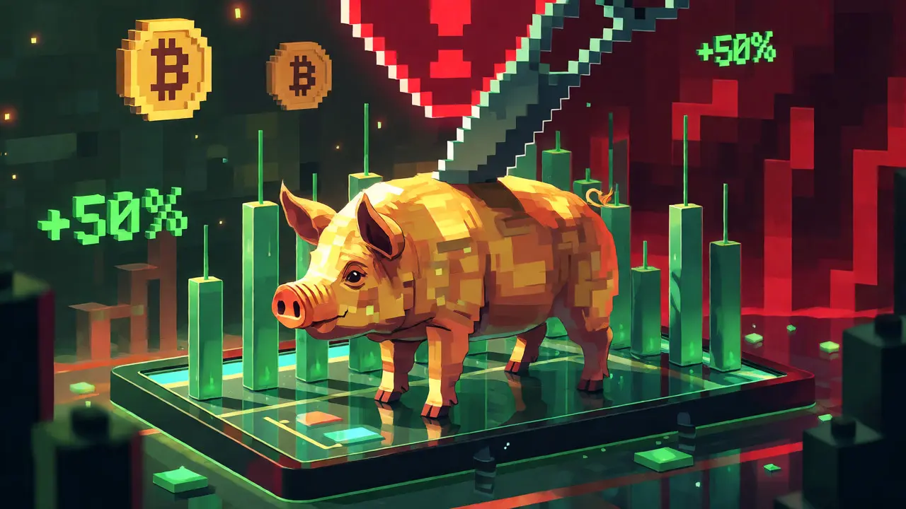 Pixel art of a golden pig in a trading chart