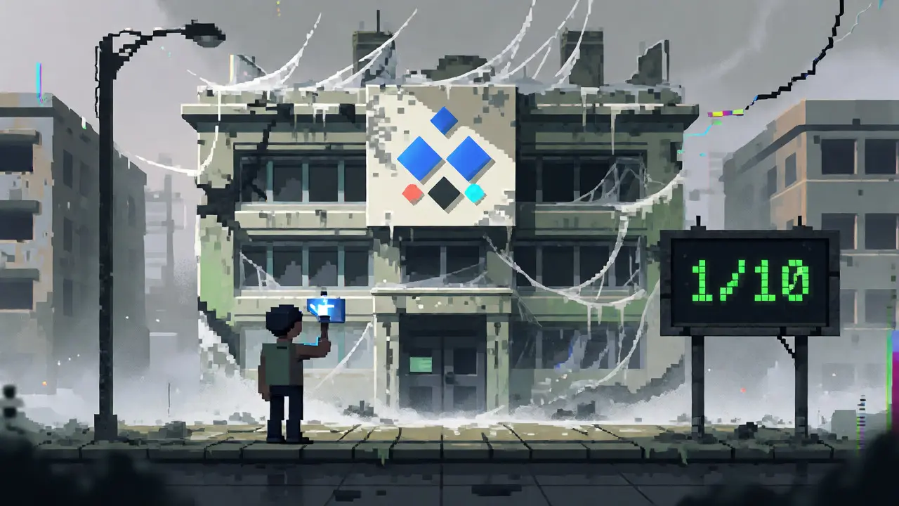 Pixel art of a lonely figure near an abandoned building with a low viability score.