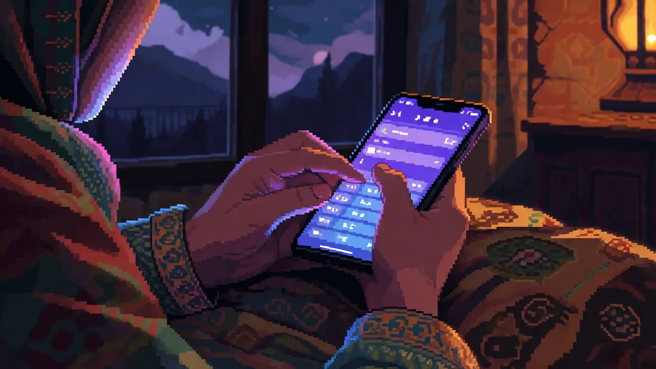 Pixel art of an Afghan woman using a phone for secret crypto trading at night.
