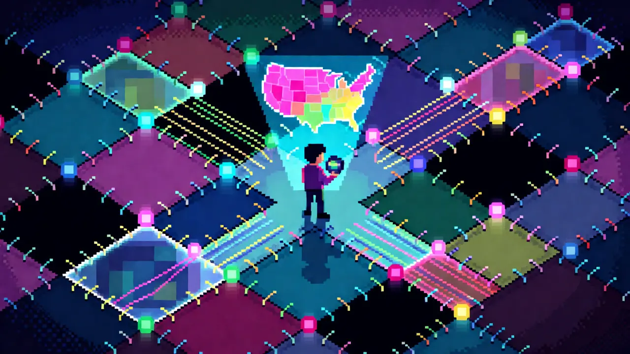 Pixel art patchwork quilt of US state crypto laws