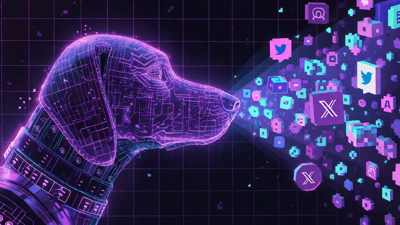 Pixel art robot scanning digital clouds for crypto opportunities.