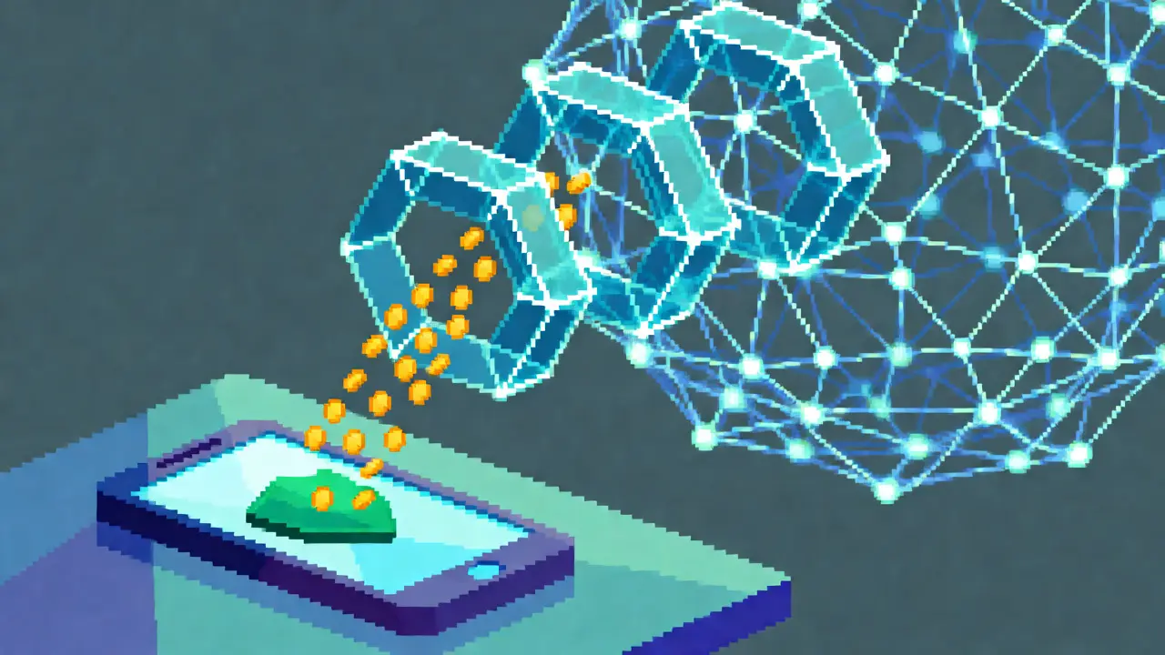 Pixel art showing federated learning where data stays on device while tokens flow to a blockchain layer.
