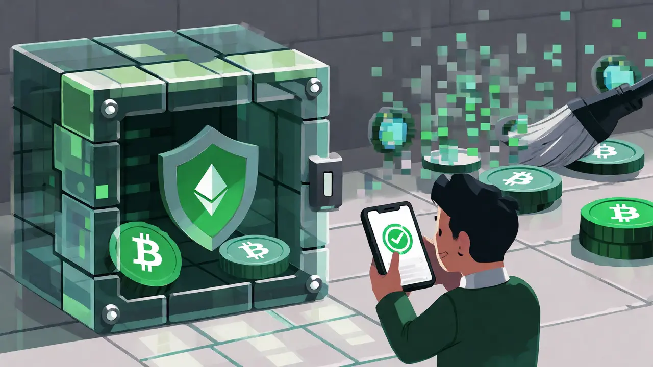 Pixel art showing secure crypto assets in a digital vault with compliance indicators.