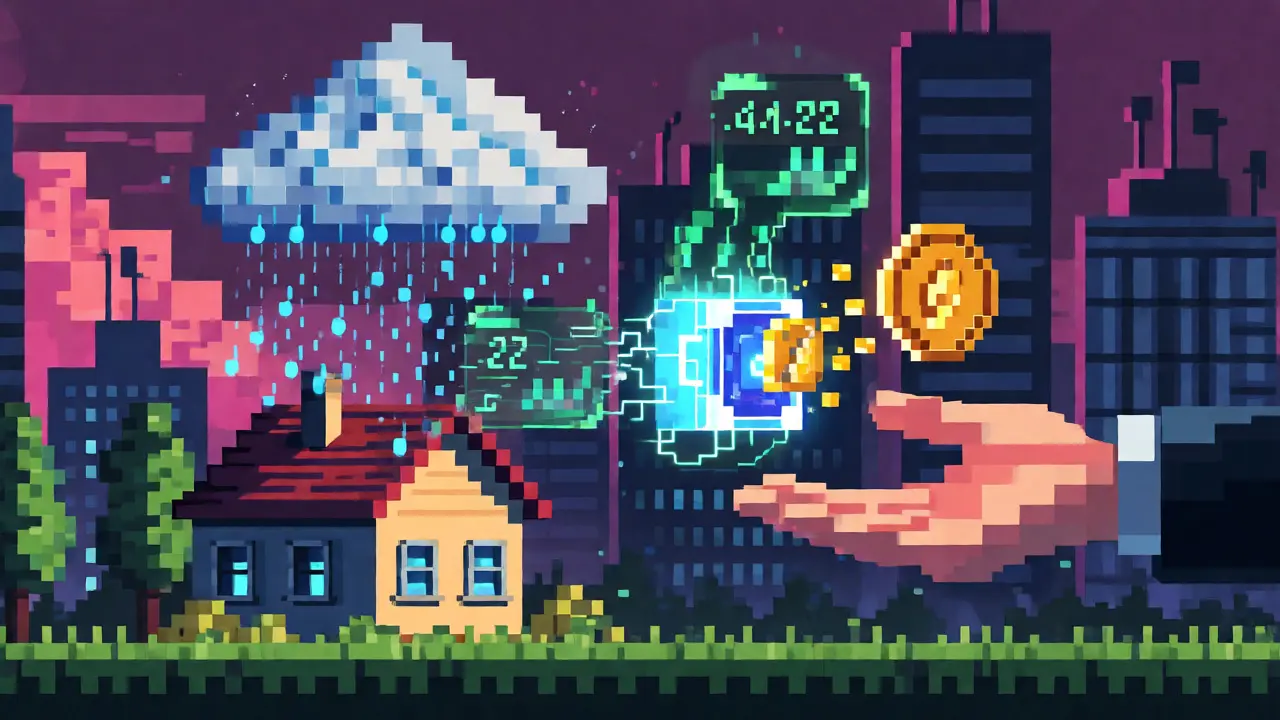 Pixel art showing weather data triggering instant smart contract payouts