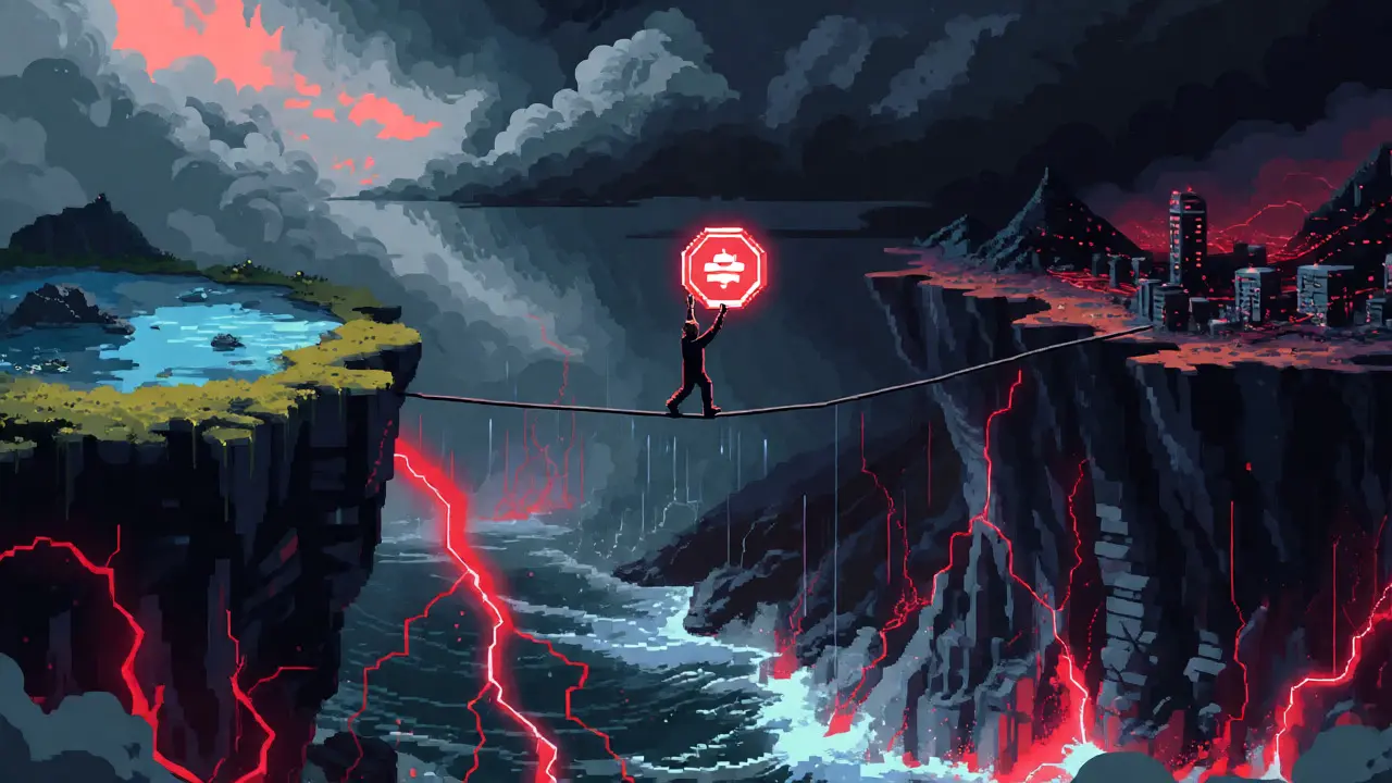 Pixel art tightrope walker balancing an LSD token over a volatile digital abyss.