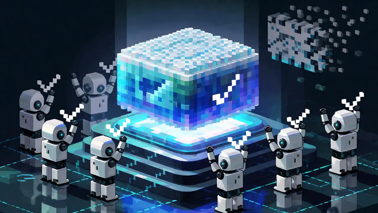 Pixel art validators confirming a digital block for deterministic finality