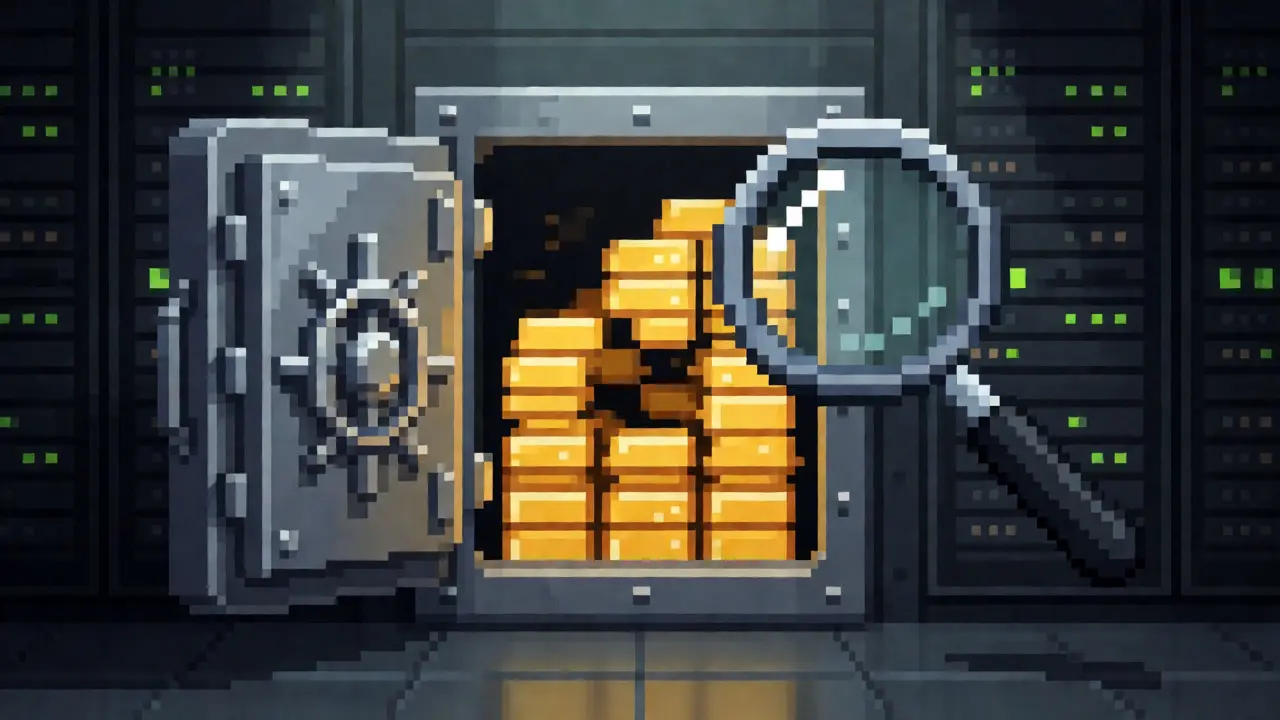 Pixel art vault with glitching digital blocks under magnification