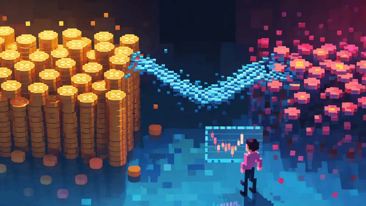 Pixel art visualization of fragmented liquidity bridges connecting crypto islands