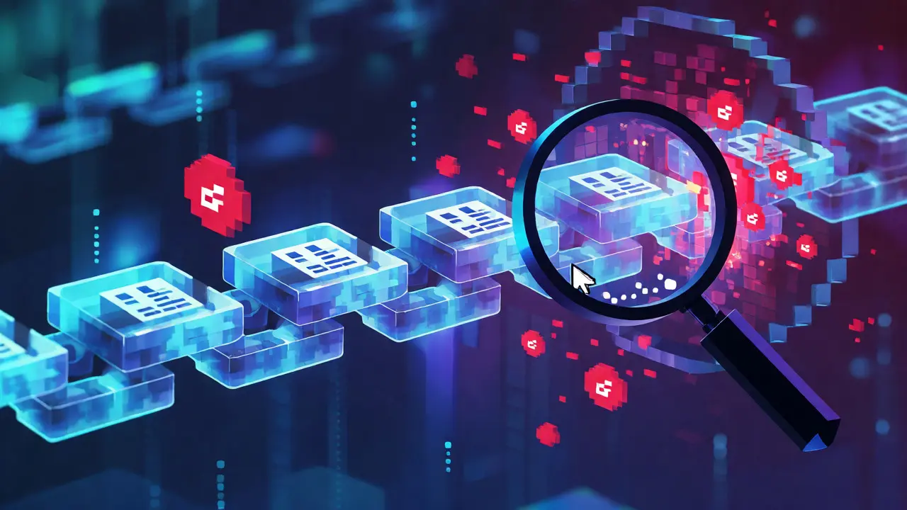 Pixel art visualization of secure, immutable blockchain insurance records