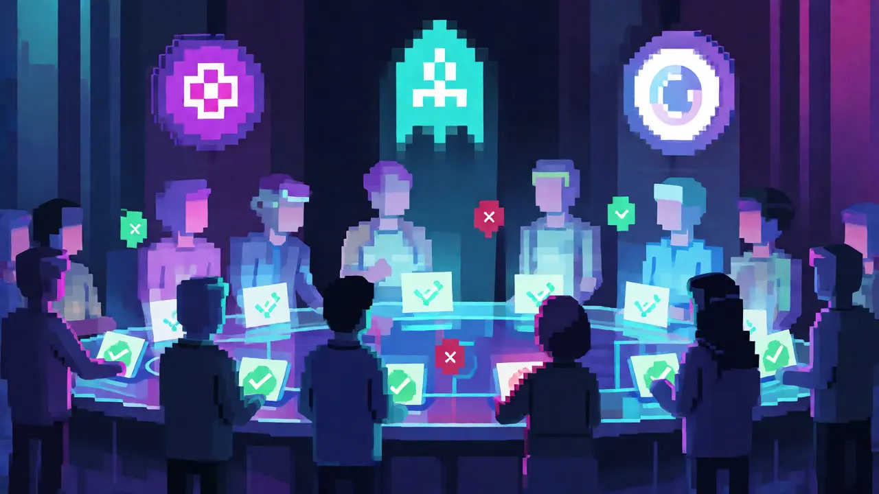Pixel avatars voting on DeFi proposals with token icons