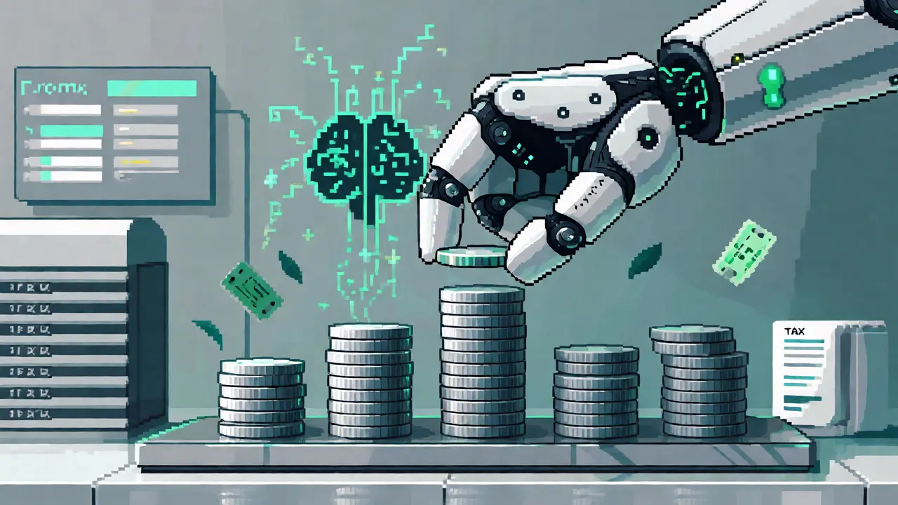 Retro-futuristic pixel art of an automated bot managing crypto assets and fees.