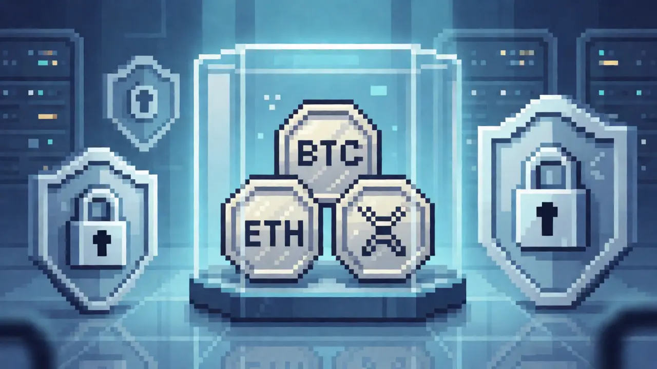 Secure vault storing pixelated crypto coins with shields
