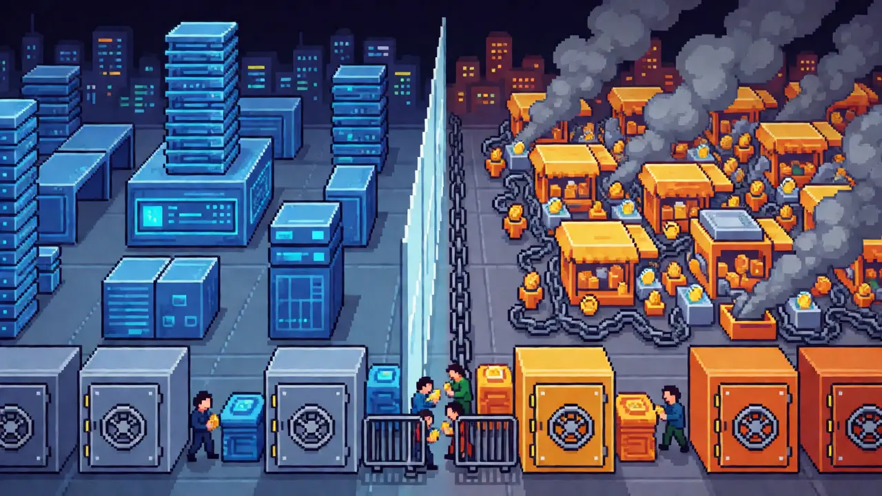 Split pixel scene showing organized e-CNY servers versus chaotic crypto nodes.
