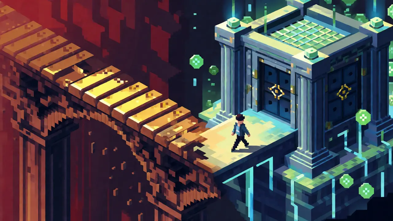 Split scene of collapsing gold bridge versus sturdy digital crypto fortress