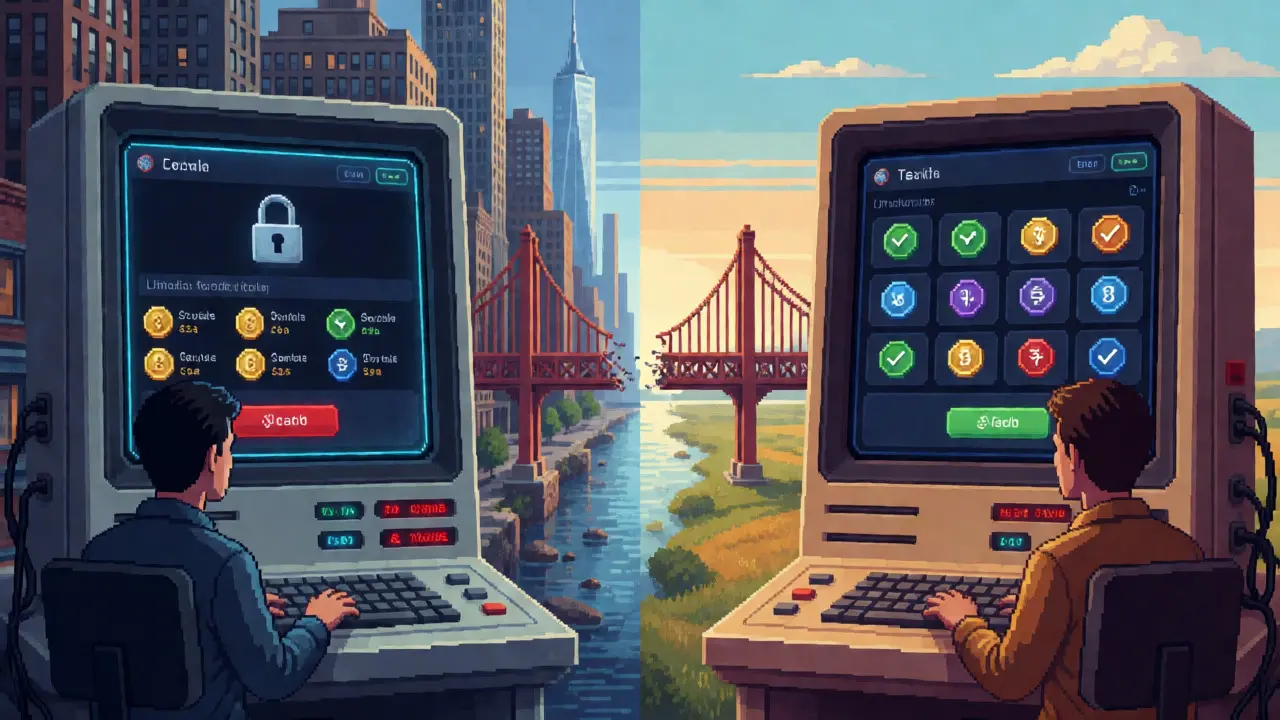 Split-screen pixel art comparing strict vs open crypto access