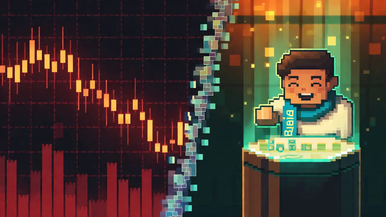 Split screen showing crypto chart and fan voting