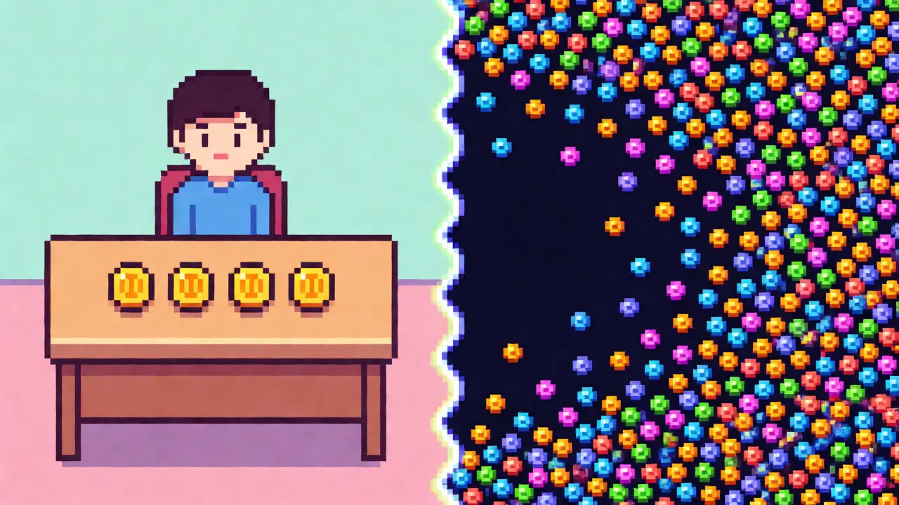 Split screen showing simple four-coin trading vs chaotic many-coin market