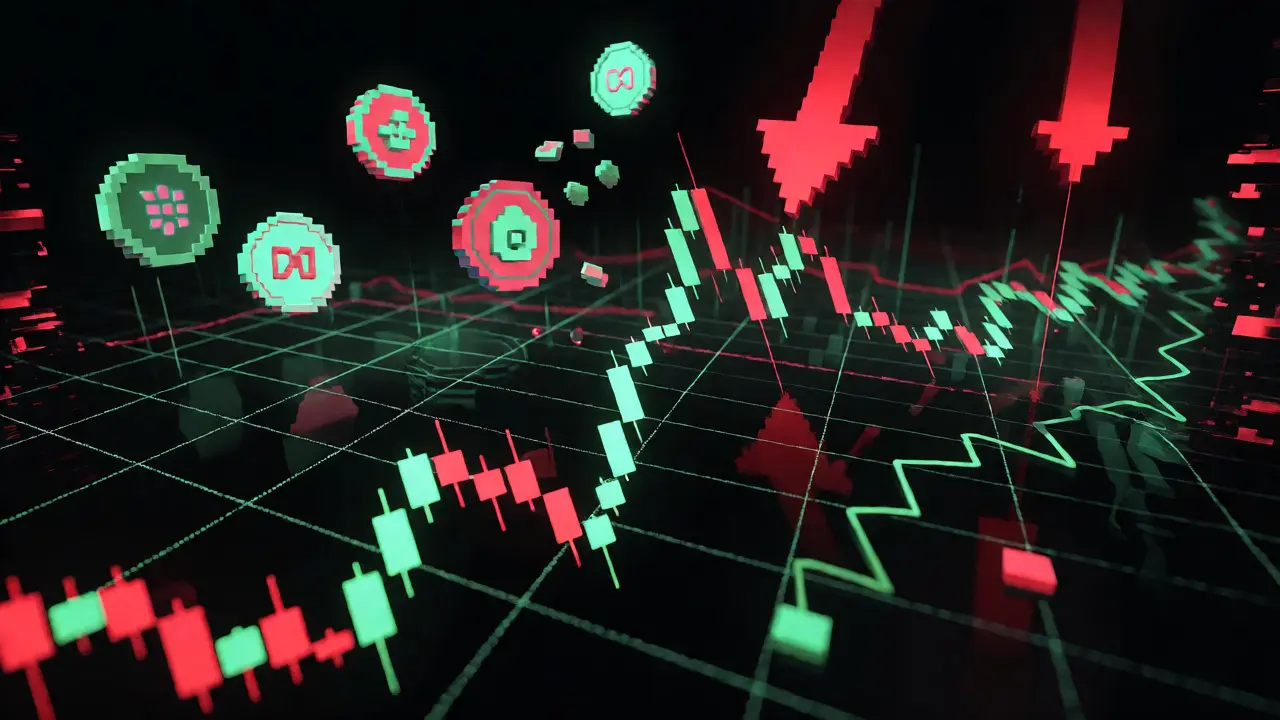 Volatile pixelated crypto chart with jagged spikes and slippage glitches