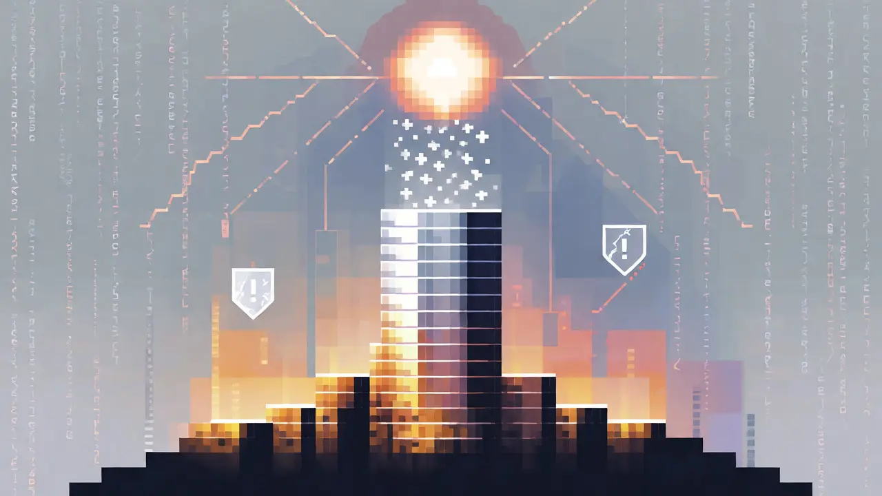 Pixel art visualization of rising stacks of blocks symbolizing compounded staking rewards and yield growth.
