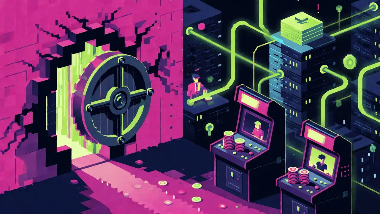 Retro pixel art depicting DeFi ecosystems and token trading with neon colors and arcade-style interfaces.